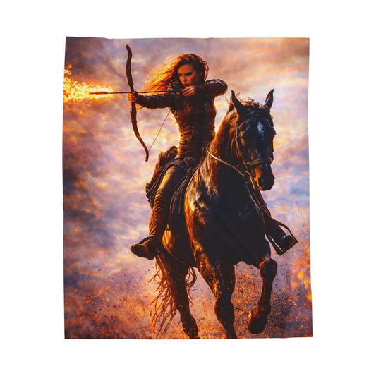 Female Archer on Horseback Velveteen Plush Blanket | Ghost Nation Fantasy Throw