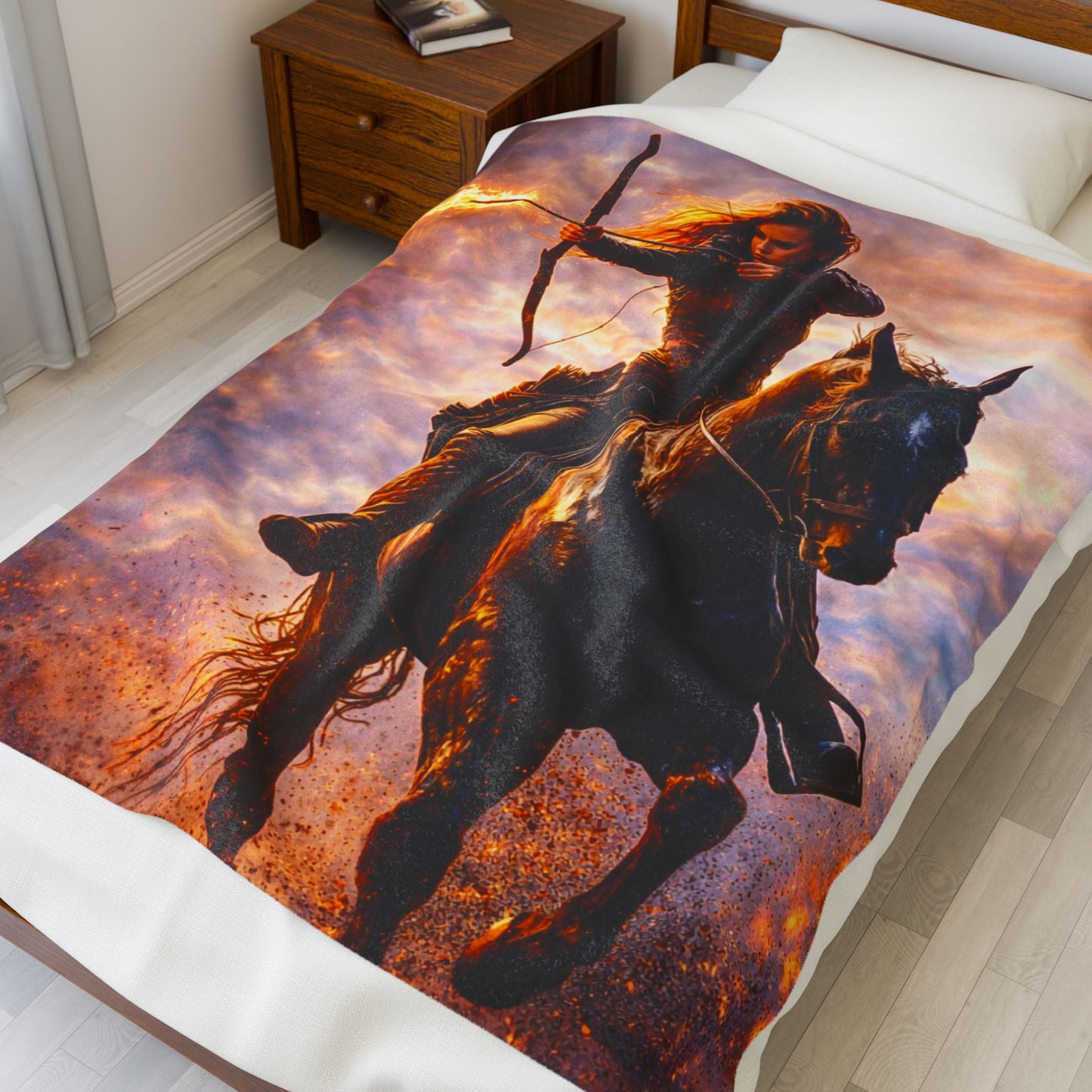 Female Archer on Horseback Velveteen Plush Blanket | Ghost Nation Fantasy Throw